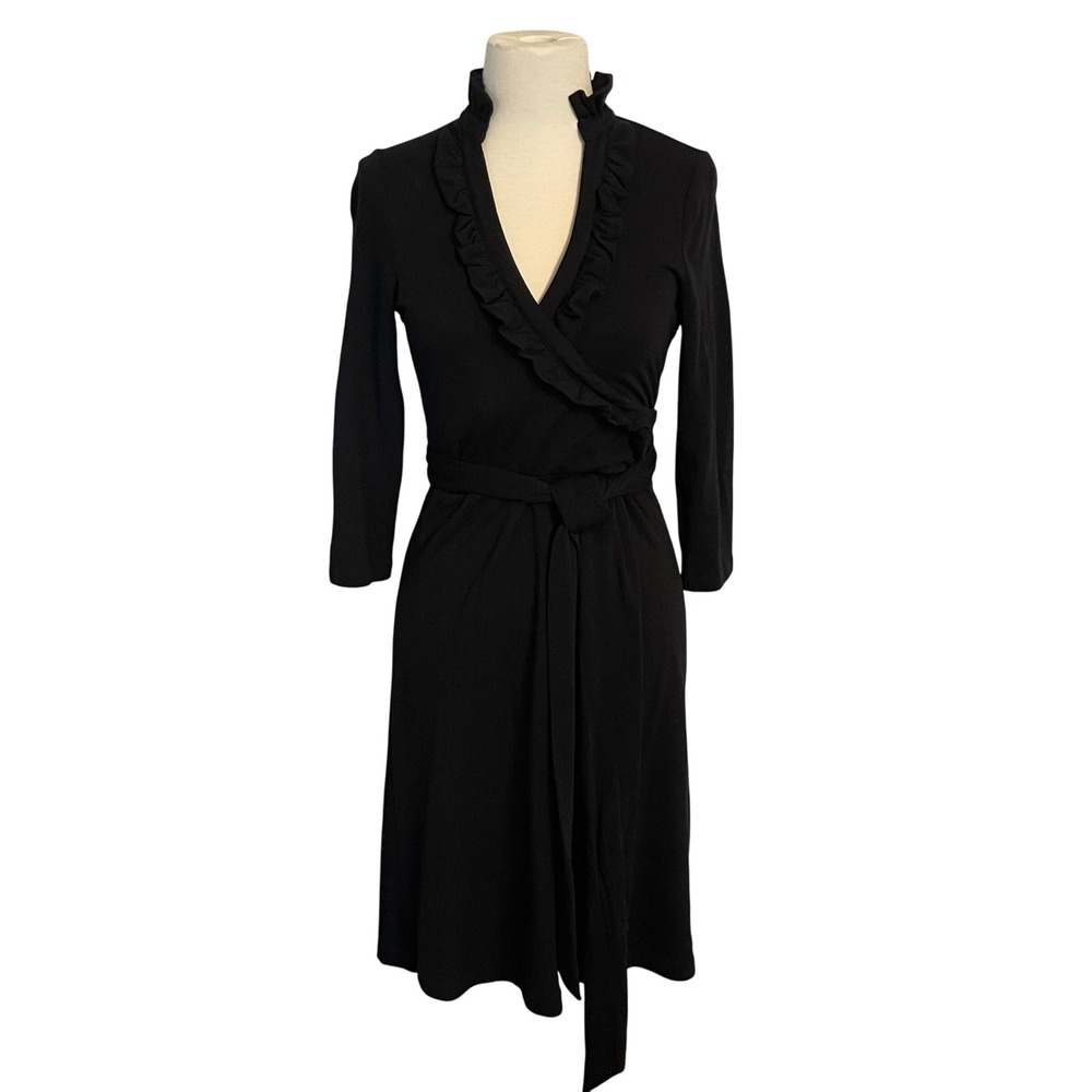 Banana Republic Black Wool Blend Wrap Dress Ruffle Neckline Tie Waist Size Small